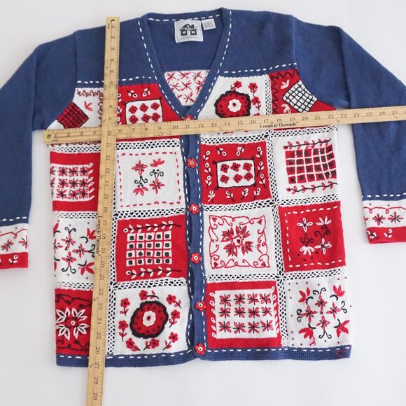Vintage Storybook Knits Red White Blue Patchwork Embroidered Grandma Cardigan L - Picture 3 of 9